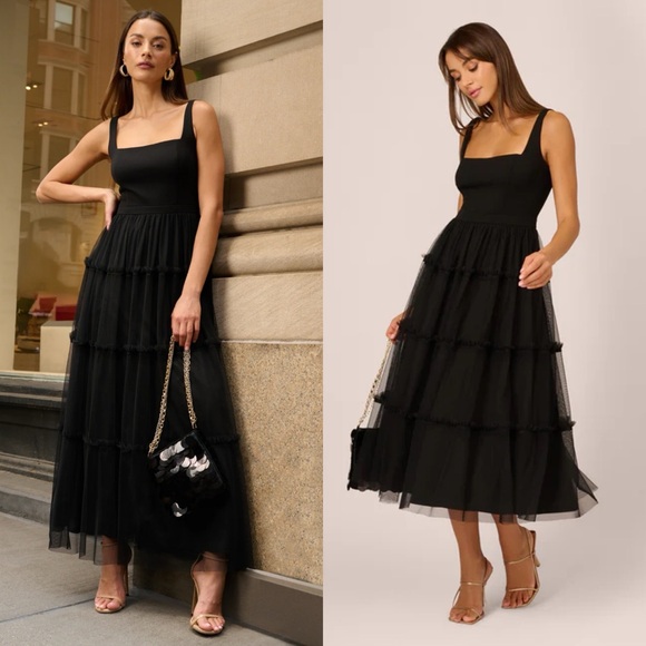 NWT Adrianna Papell Sleeveless Midi Dress Square Neck
And Tiered Skirt In Black - Picture 1 of 5